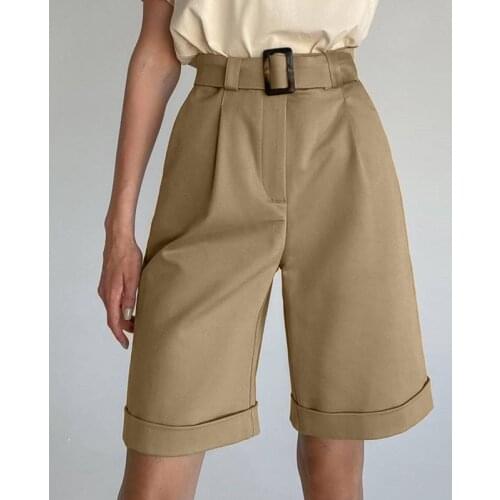 2021 Blue Elegant High Waist Suit Shorts Women Summer Casual Solid Without Belt Wide Leg Bermuda Shorts With Pockets