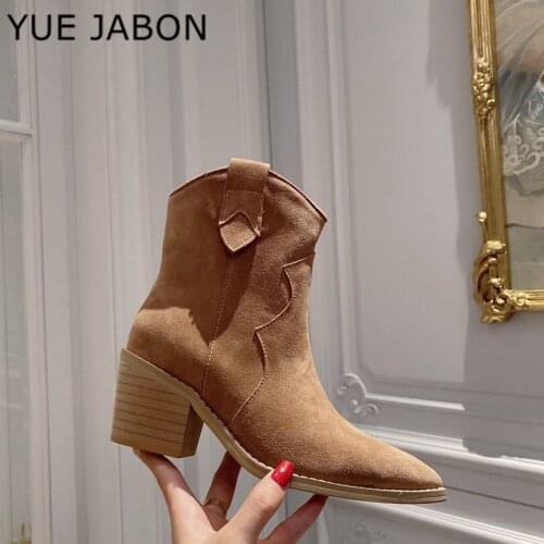 Genuine leather British retro shoes square heel suede Ankle Boots For Women Suede Chelsea Short Boots Winter shoes botas famale