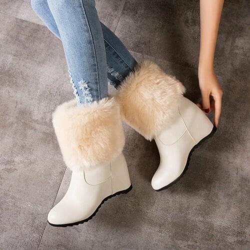 Ladies Winter Warm Snow Boots Comfortable Flat-Heel Womens Shoes Slip On Stitching Plush Inner Heightening Sweet Short Boots