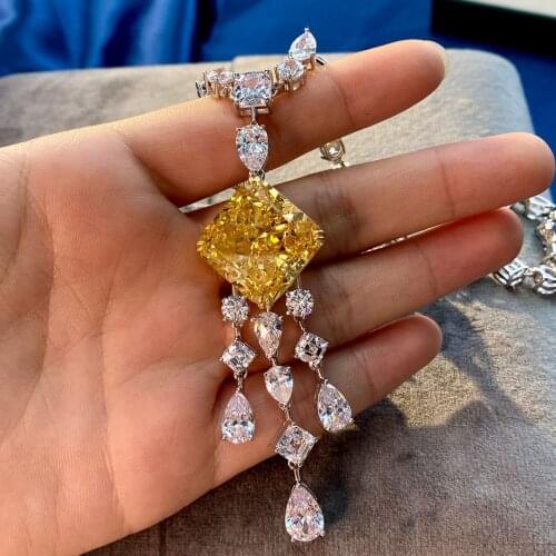 PANSYSEN 100% 925 Sterling Silver 18MM Created Moissanite 5A Zircon Citrine Gemstone Tassel Charm Pendant Necklaces Fine Jewelry