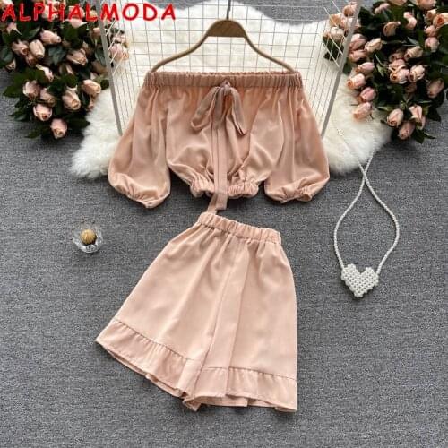 ALPHALMODA 2021 Summer Slash Neck Puff Sleeve Pullovers Trendy Bow Lace Up Blouses Top + Frill Shorts Sweet Women 2pcs Suit