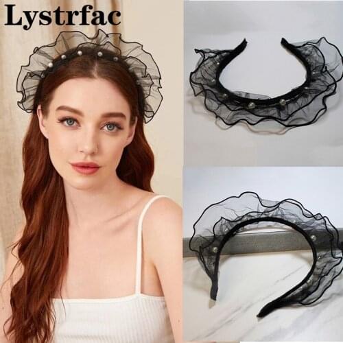 Lystrfac Sweet Pearl Decor Mesh Panel Hairband for Women Headwear Black Temperament Hair Hoop Female Hair Accessories