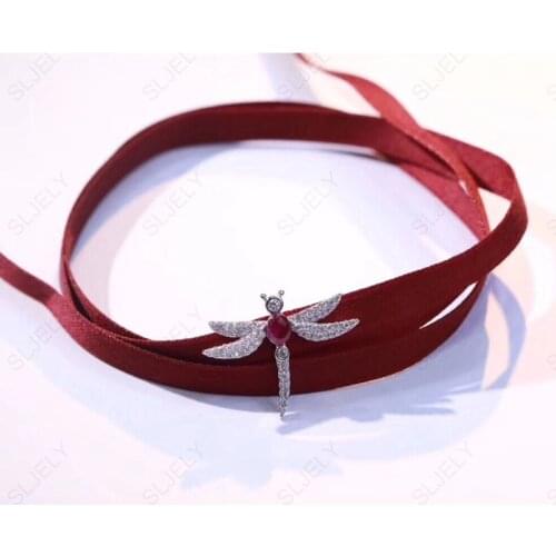SLJELY 925 Sterling Silver Red Blue Green Dragonfly Choker Fashion Collar Silk Ribbon Necklace for Women Luxury Brand Jewelry