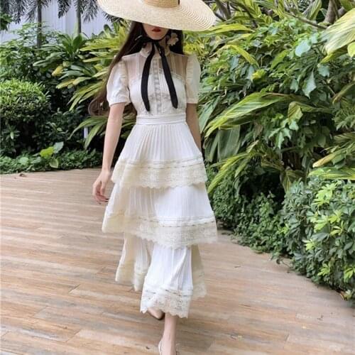 2021 Summer Beige Pleated Women Short Sleeve Lace Patchwork Cascading Ruffles Long Female Layer Cake Dress