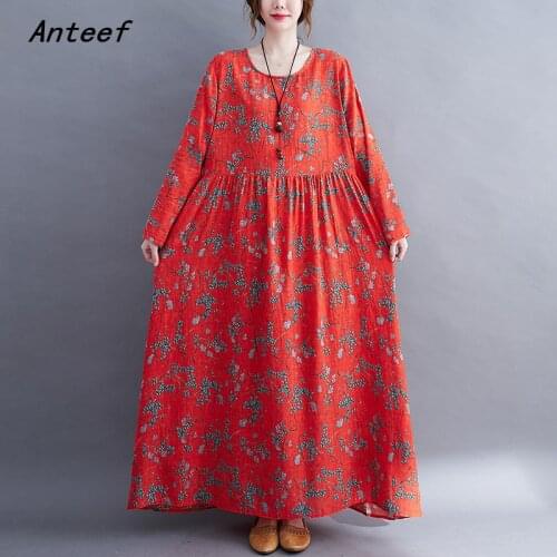 Anteef long sleeve cotton vintage floral dresses for women casual loose woman summer spring autumn dress elegant clothing 2021