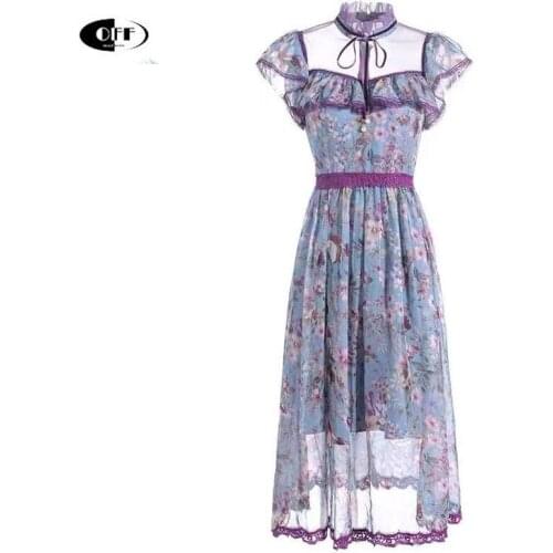 Summer Vintage Party Dresses Women Elegant Short Sleeve Lace Up Embroidery Ruffles Flower Bow Chic Runway Midi Dress Vestidos ZA