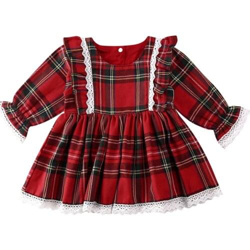 2020 New Winter Christmas 1-6Y Toddler Baby Girls Red Plaid Lace Lantern Long Sleeve Back Buttons Dress Xmas Party Outfits