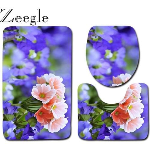 Zeegle Floral Pattern Toilet Mat 3pcs Set Non Slip Shower Floor Mat Washing Machine Microfiber Door Mat Kitchen Rug with Flowers