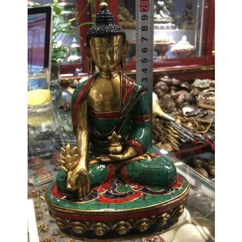 8" Old Tibet Buddhism Bronze Gilt Turquoise Gem Menla Medicine Buddha Statue