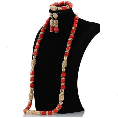 Dubai Gold Beaded Accessory Women Jewelry Set 40 inches Coral Beads African Jewelry Fashion Necklace Set Brides Gift ABH595