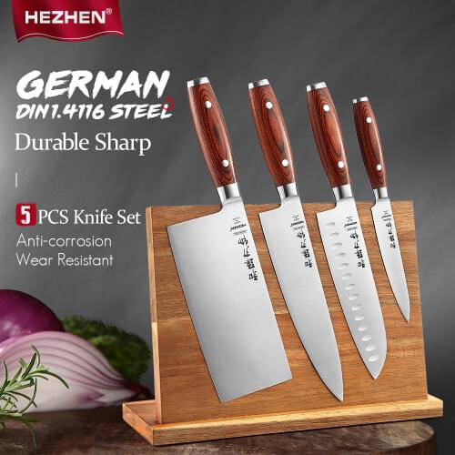 HEZHEN 5PC Knife Set Cleaver Chef Santoku Utility Sharp Tools Pakka Wood Handle Magnetic knife holder Stainless Steel