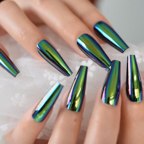 Chrome Green Mirror False Nails Holographic Metallic Extra Long Tapered Coffin Faux Ongles Tips with Sillicon Glue Sticker