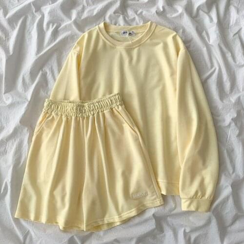 2021 Summer Korean Womens Two Piece Set Tracksuits Sweatshirts Elastic High Waist Shorts Sets Outfit Solid Suits With Shorts