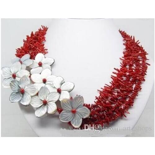 Charming !!! natural red coral shell flower necklace