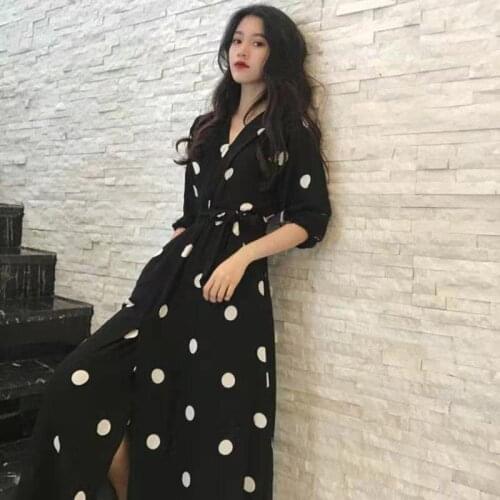 Womens Casual Spring and Summer Dress Womens Korean Retro Printed Chiffon Shirt V-neck Wave Point Bandage Waist Summer Dress