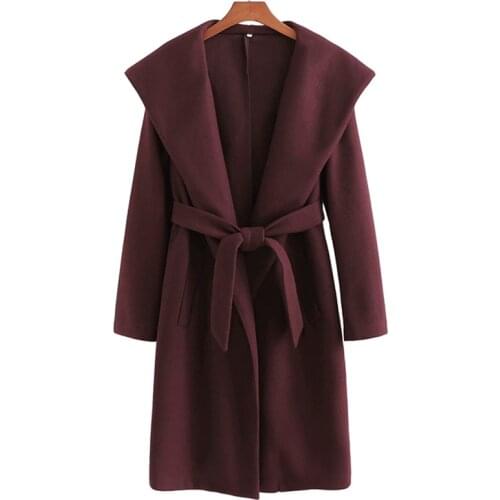 PUWD Casual Woman Oversized Sashes Hooded Woolen Coat Fad Vogue Ladies Autumn Loose Burgund Outwear Female Chic Warm Jacket