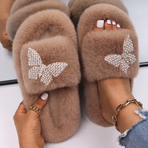 Fluffy Indoor Slippers Butterfly Faux Fur Slides Women Flat Flip Flops Platform Fur Sandals Pearl Slippers For Home Luxury Shoes