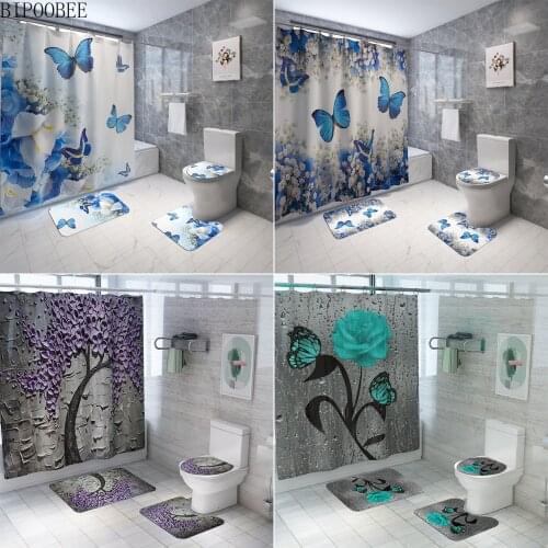 High Quality Blue Butterfly Print Shower Curtain 4 Piece Carpet Cover Toilet Cover Bath Mat Pad Set Bathroom Curtain with Hooks