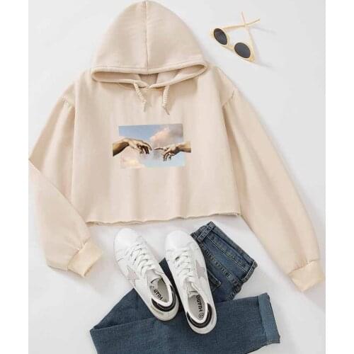 Womens Hoodie Crop Top Hand Gesture Graphic Hoodies Streetwear Korean Style Oversized Sweatshirt Autumn Winter Jacket Warm Tops