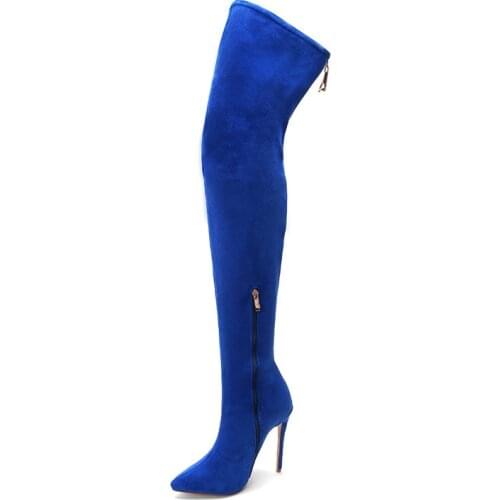 2021 Women Blue Thin High Heels Velvet Over The Knee Boots Lady Autumn Winter Designer Pointed Toe Long Boots