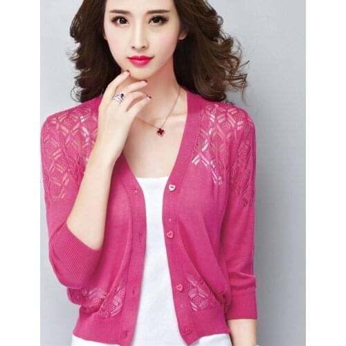 Summer Casual Loose Hollow Out Knitted Cardigan Women Elegant Three Quarter Sleeve Open Stitch Coat Sun Protection Clothing L581