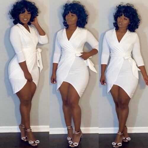 White Irregular Shape Bandage Bodycon Dress Women Sexy Notched Neck Three Quarter Sleeve Vestidos Elegant High Waist Dresses