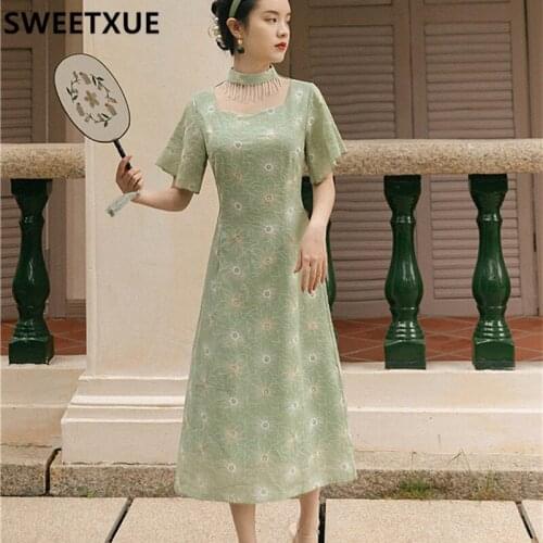 SWEETXUE 2021 Women Summer Retro Embroidered Tassel Beaded Halter Neck Girl Daily Fashion Elegant Party Improved Cheongsam Dress