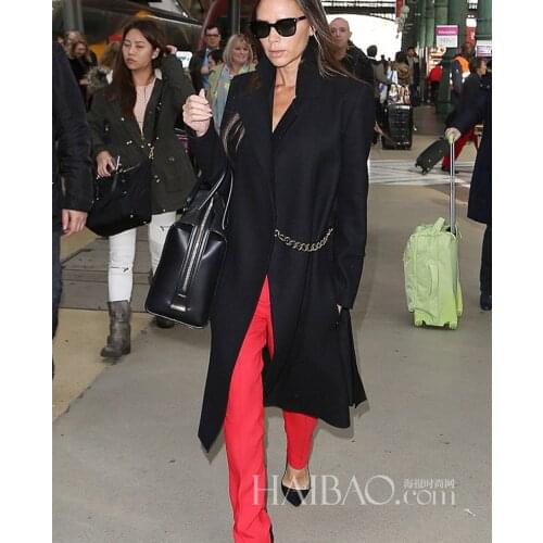 Victoria Beckham Winter Wool Coat Fashion Turn-Down Collar Long Sleeve Coat With Chains J9213