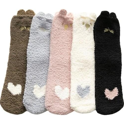 Winter Thickening Plus Fleece Tube Socks For Women Japanese Style Socks Cute Cartoon Cat Paw Print Home Warm Floor Socks