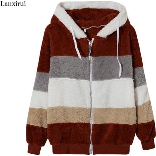 Winter Women Jacket Fashion Plush Patchwork Zipper Pocket Winter Hooded Jacket Retro Loose Long Sleeve Plus Size Women Top Coat