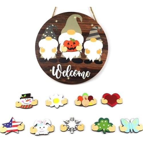 Gnome Sign Front Door Porch Decor with 10 Interchangeable Ornament LED Lights