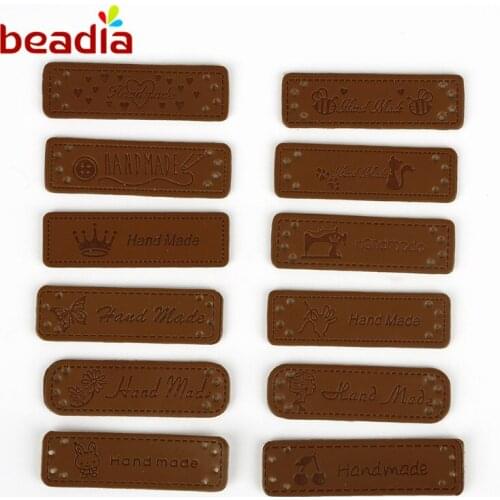 12pcs/bag Handmade Letter Pattern PU Leather Tags Rectangle Embossed Label Connectors for DIY Jewelry Garment Sewing Accessories