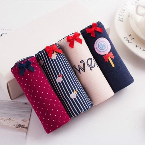 4Pcs/lot New Arrived Panties Girl Underwear Cartoon Bowknot Briefs Cotton Lingerie Soft Striped Wave Plate Sugar Printing Panty