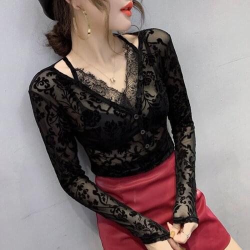 #5573 Black Lace T Shirt Women Sexy See Through Mesh Tops V Neck Long Sleeve T Shirt Female Buttons Womens Tee Shirts Summer