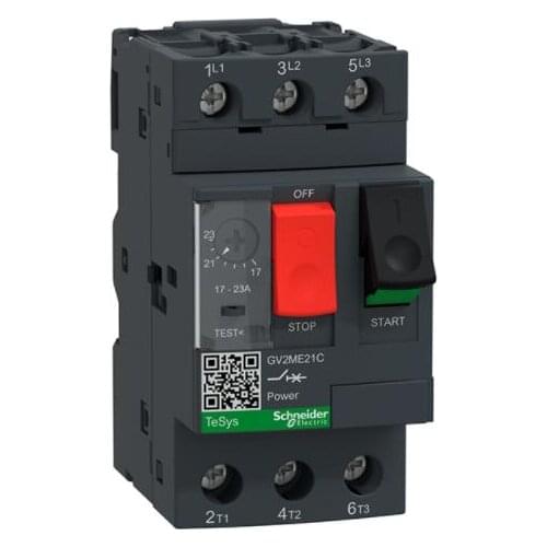 GV2M21 GV2ME21C GV2ME21 Motor circuit breaker, TeSys GV2, 3P, 17-23 A, thermal magnetic, screw clamp terminals