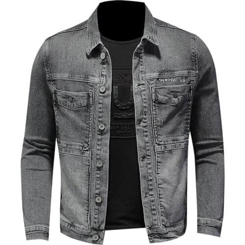 Chaqueta vaquera de estilo europeo para hombre, chaqueta vaquera gris de piloto de bombardero botonadura con una simple, abrigo