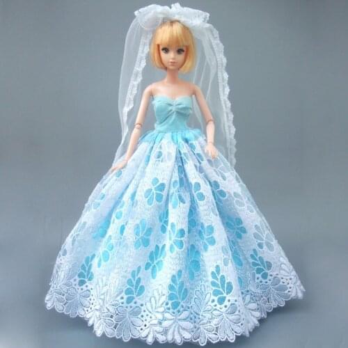 Children birthday gift elegant blue white dress with veil for barbie doll evening dress