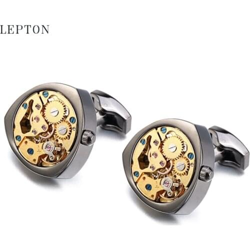Lepton Gold Watch Movement Cufflinks For Mens Wedding Groom Fashion immovable Gear Watch Mechanism Cuff links Relojes gemelos