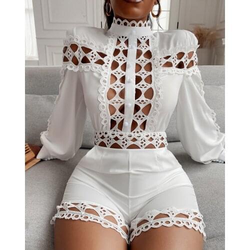 Summer Women Plain Lattice Design Hollow Out Romper 2021 Femme Sexy Chic Skinny Short Jumpsuit y2k Office Lady Clothing traf