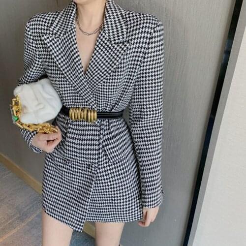 Houndstooth suit jacket women autumn winter Korean loose mid-length woolen blazer femme fashion casaco feminino