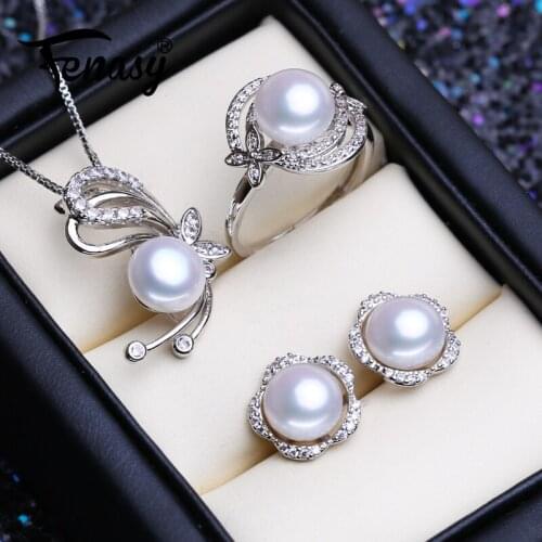 FENASY Silver Color Wedding Jewelry Sets Natural Pearl Stud Earrings Fashion Party Pendant Chain Necklaces For Women Ring Set