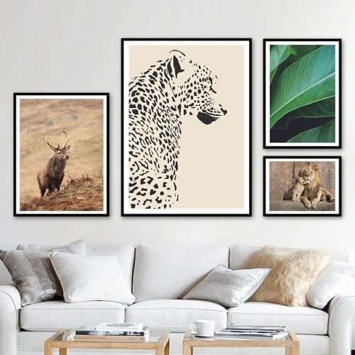 Deer Lion Leopard Palm Banana Leaf Animal Wall Art Canvas Painting Nordic Posters And Prints Wall Pictures For Living Room Decor