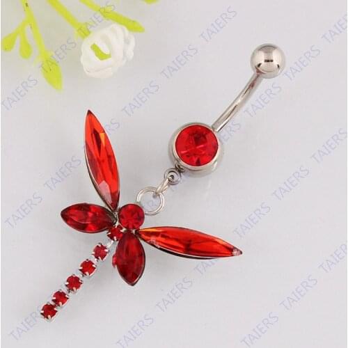 Body piercing red Dragonfly belly button ring Navel jewelry belly bar 14G 316L surgical steel bar Free shipping Nickel-free