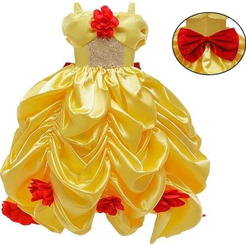 Halloween Princess Belle TUTU Dress Girls Beauty and the Beast Costume Cosplay Ball Gown Dresses Bow Flower Dress