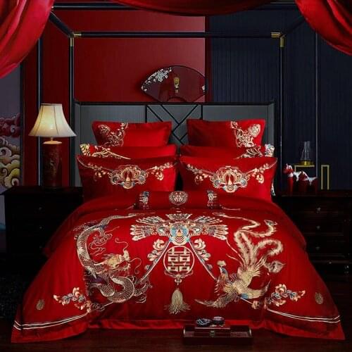 Luxury Golden Loong Phoenix Embroidery Chinese Wedding Red Pure Cotton Bedding Set Duvet Cover Bed Sheet Linen Pillowcases