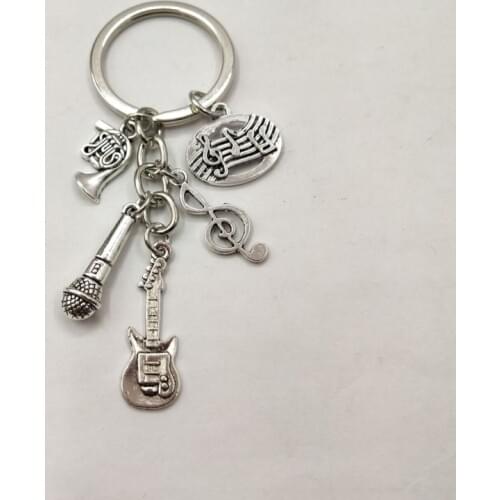 Handmade Music Keyring - Tibetan Silver Charms, Microphone, Music Notes, Treble Clef