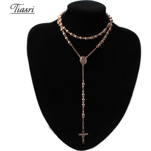 Tiasri Cross Pendant Necklace For Woman Man Long Chain Stainless Steel Sweater Chain Tail Round Bead Chain Halloween GiftS 2020