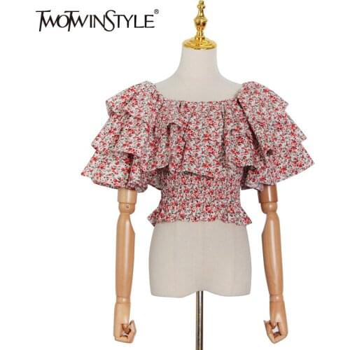 TWOTWINSTYLE Elegant Print Shirt For Women Slash Neck Puff Half Sleeve Patchwork Tunic Blouses Female Summer Fashion New 2021