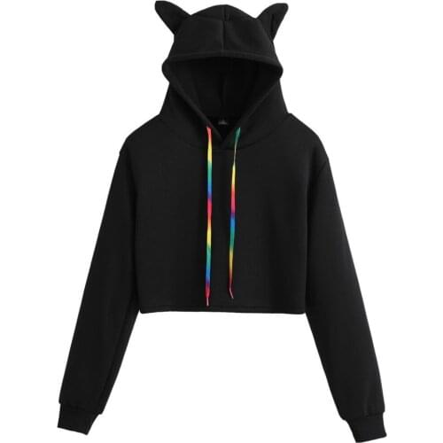 Harajuku Rainbow Hoodie Crop Top For Teen Girls Kawaii Cat Ear Hooded Blouse Shirts Autumn Thin Long Sleeve Hoody Pullover Bluza
