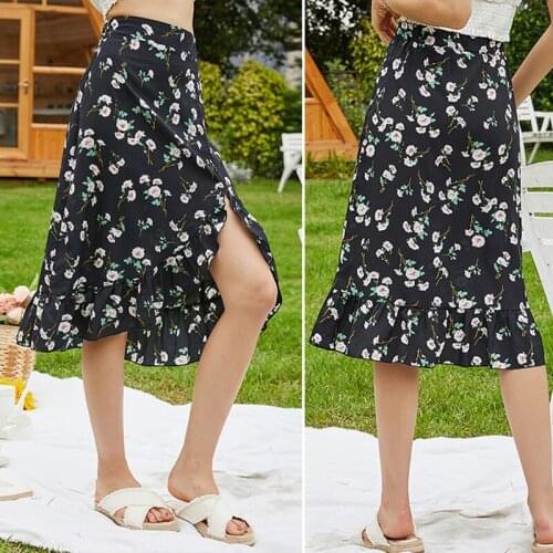 Womens Printed Floral Irregular Fishtail Skirt Casual Skirt Black